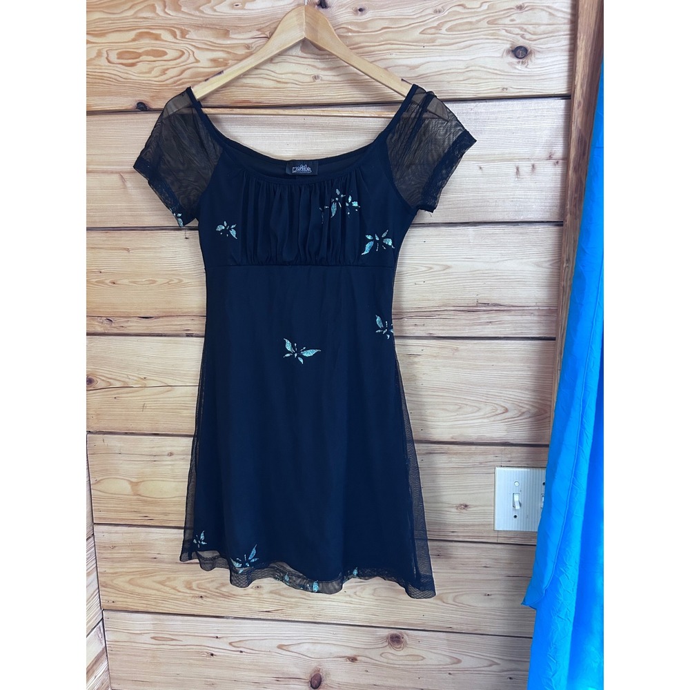 Malibu Black Mesh Glitter Butterfly Mini Dress Y2K Fairycore Ruched Cap Sleeve